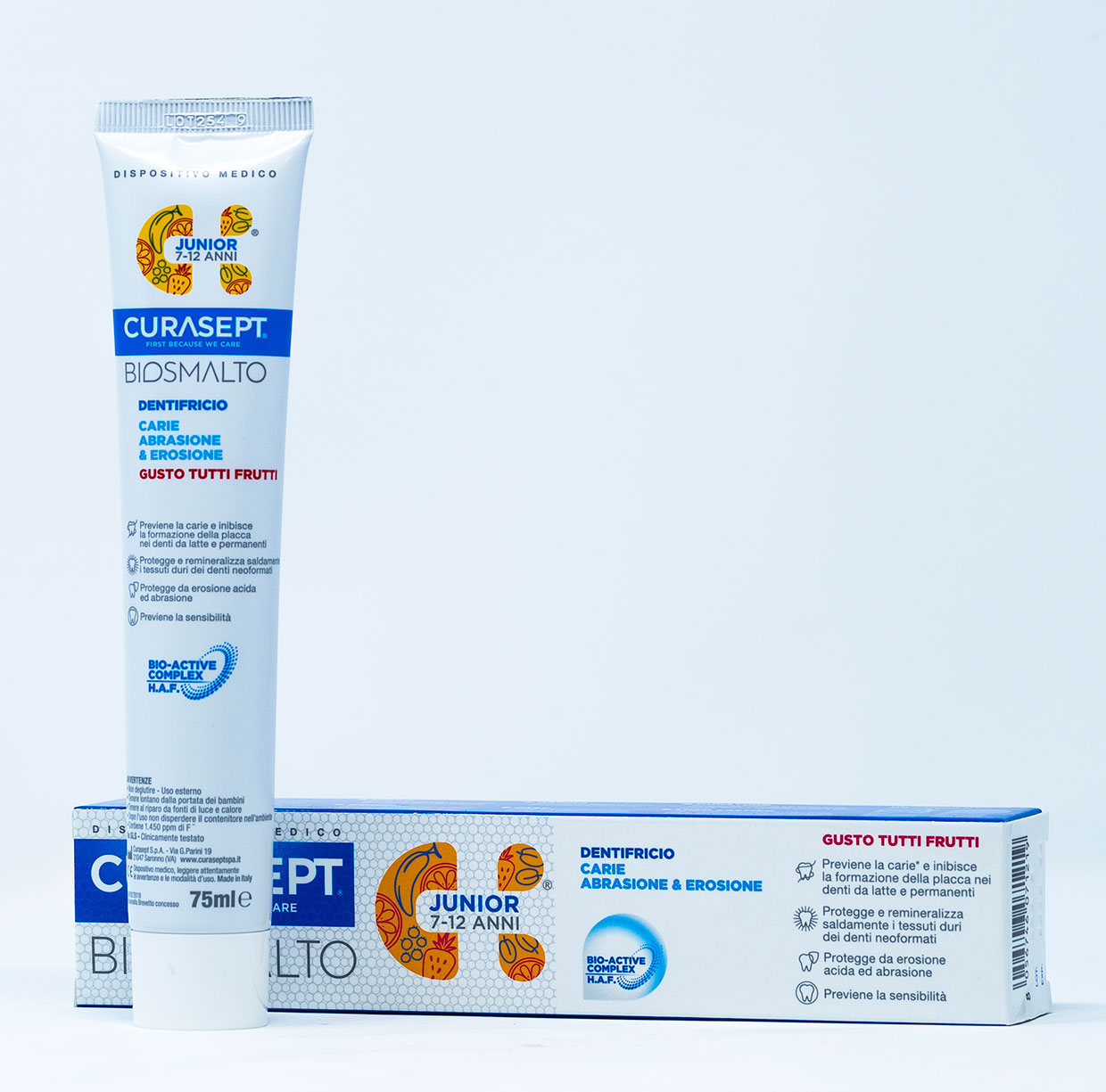Curasept Biosmalto Dentifricio Junior Carie, Abrasione, Erosione (7- 12 anni) Tutti frutti – 75 ml